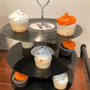 Repurposed Vinyl Record into 3 Tier Cupcake Stand.